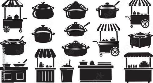 Food Carts and Pots Icon Set for Restaurant Design