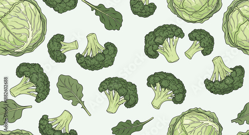 A vintage, hand-drawn seamless pattern of green vegetables including broccoli, cabbage, and spinach leaves, set on a light gray background for a healthy theme.