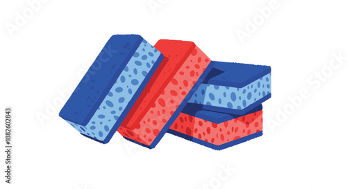 A collection of four colorful cleaning sponges, in red and blue with two different textures, stacked together on a white background.