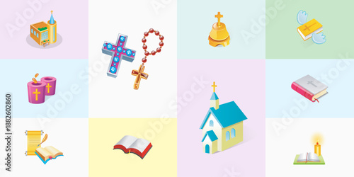 Collection of christian religious icons featuring a church building holy bible crucifix rosary beads and prayer books or scrolls on a pastel grid background