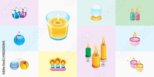 Collection of holiday vector icons featuring burning candles or wax lights snow globe and christmas ornaments or baubles on a colorful pastel grid background