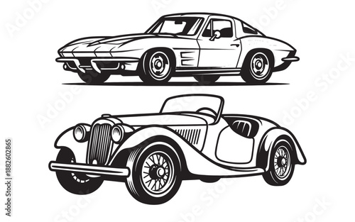 Set of Classic Sports Car and Vintage Roadster Vehicle