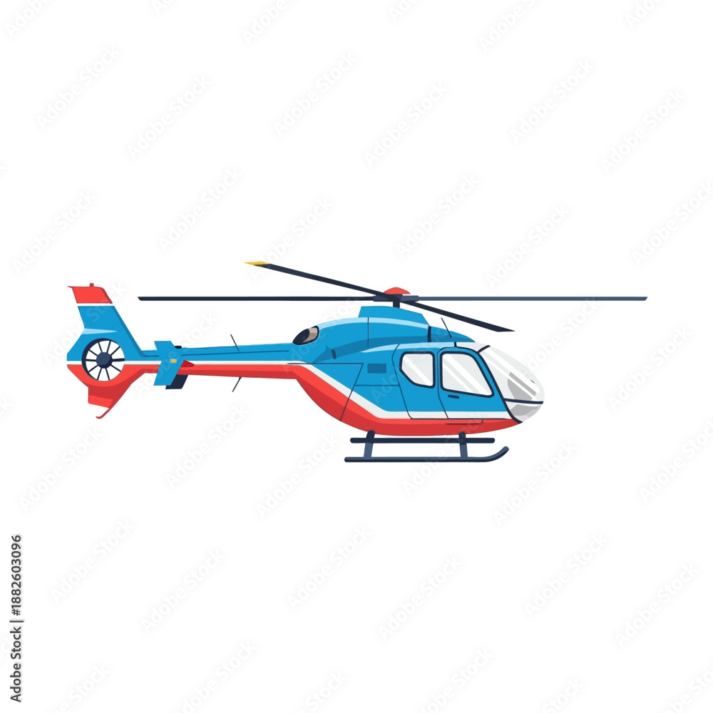 Fototapeta premium Blue and Red Helicopter Flying Isolated on White Background, Vector Illustration
