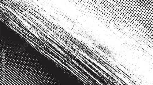 Diagonal abstract black and white background featuring a distressed grunge texture overlaying a halftone dot pattern with strong linear brush strokes suggesting motion