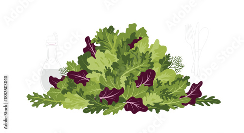 A large pile of fresh mixed salad greens, including arugula, romaine, and radicchio, with faint outlines of dressing and utensils.