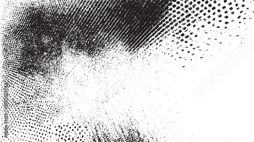 Abstract black and white textured background with a dense halftone dot pattern transitioning into a rough grunge texture with subtle organic shapes and a sense of depth