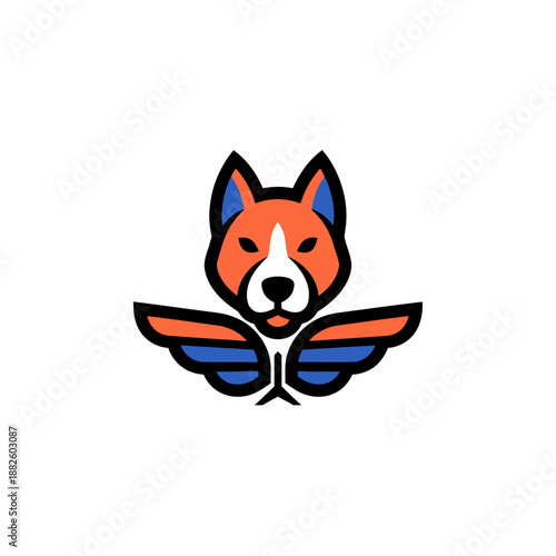 Winged Dog Logo Design, Abstract Animal Icon, Shiba Inu Mascot, Orange Blue White