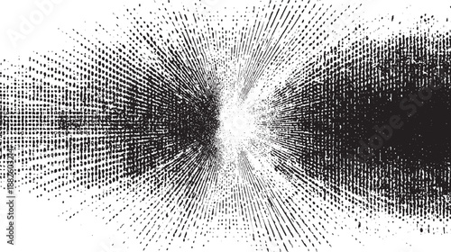 Explosive abstract black and white background with a radiating starburst pattern of distressed halftone dots and grunge textures emanating from a bright central point