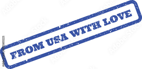 Grungy blue rubber stamp graphic featuring FROM USA WITH LOVE text, presented in a tilted orientation