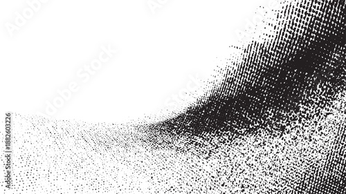 Abstract monochrome background with a dynamic arrangement of black dots forming a textured surface with a sense of flowing movement and depth
