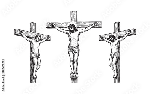 Crucifixion of Jesus Christ and Two Thieves on Crosses