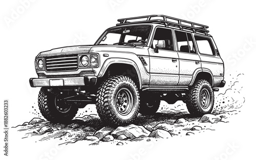 Off-Road SUV Vehicle Navigating Rocky Mountain Terrain