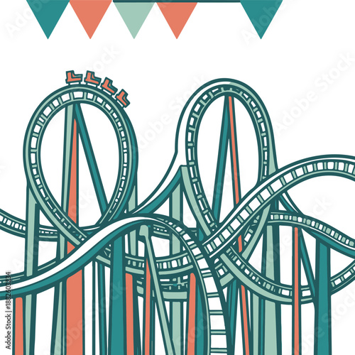 Thrilling Roller Coaster Ride with Bunting Flags at an Amusement Park