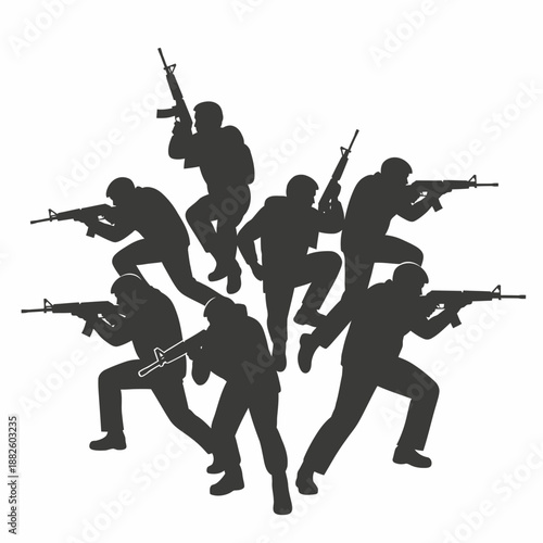 Silhouette Soldiers with Rifles in Action Pose
