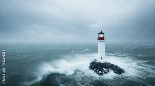 Lighthouse standing on rocky promontory with waves crashing around under cloudy sky, creating dramatic and moody seascape scene