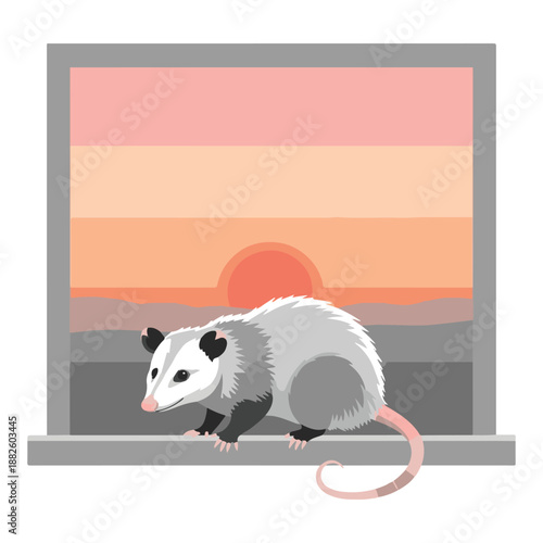 Illustration of a small opossum perched on a windowsill against a colorful sunset sky