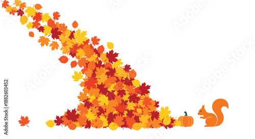 A charming autumn scene with a cascade of colorful fall leaves in red, orange, and yellow, and a cute squirrel with a pumpkin.