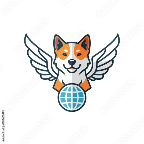Flying Dog with Globe Logo - Shiba Inu Mascot, Wings, Global Reach