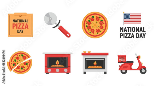 Vector illustrations celebrating National Pizza Day in America with pizza icons and delivery elements.