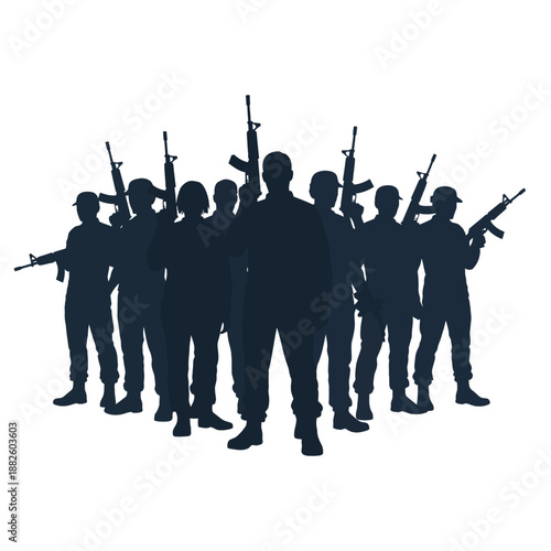 Silhouette soldiers with rifles, military team ready for action, dark blue on white background