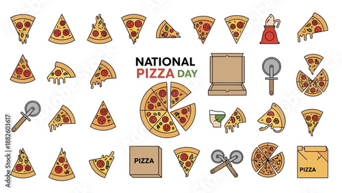 Vector illustrations of pizza slices, food icons, and National Pizza Day graphics on a white background, celebrating Italian food and delivery pizza.