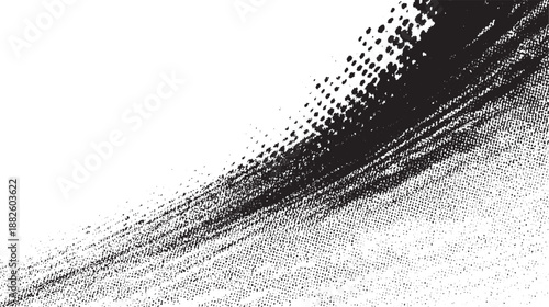 Monochrome abstract background featuring diagonal brush strokes and a dense halftone dot pattern with a gritty distressed appearance