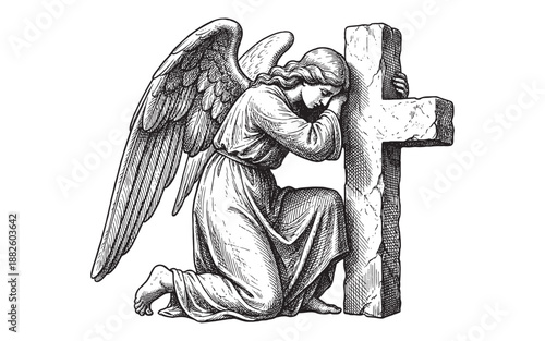 Mourning Angel Kneeling and Leaning on a Stone Cross