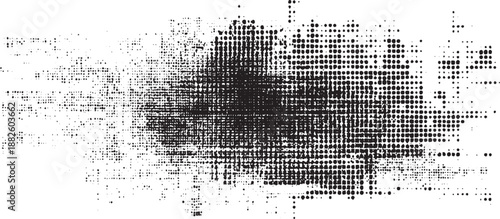 Dense black and white abstract composition with scattered dots and textured areas creating a chaotic and complex visual noise effect