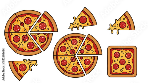 Vector illustration of various pizza slices and whole pizzas on a white background, representing Italian food for National Pizza Day or a casual meal in America.