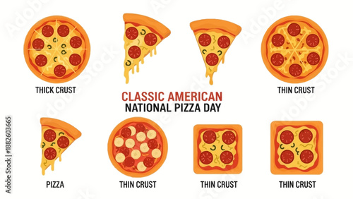 Vector illustration of various pizza types on National Pizza Day, featuring classic American and Italian food in a flat lay composition with a festive mood.