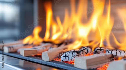 Abstract shot of flames in modern fireplace glass with burning wood logs creating warm cozy atmosphere and glowing embers
