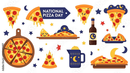 A colorful vector illustration of various pizza slices and food items celebrating National Pizza Day against a clean white background with a lively and festive mood.