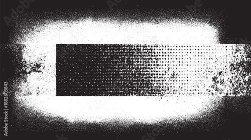 Rectangular abstract black and white background with a central gradient of halftone dots surrounded by a distressed grunge halo effect creating a focal point and texture