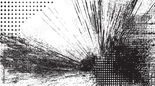 Dynamic abstract black and white background with radiating lines starburst effect and scattered halftone dots creating a sense of explosion or energy with distressed textures