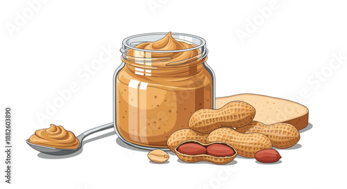 A glass jar of creamy peanut butter with a spoonful of spread, whole peanuts, and a slice of bread on a white background.