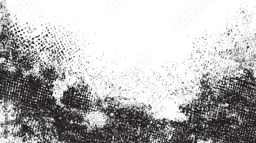 Black and white abstract background with a distressed texture and scattered dark speckles against a bright white space