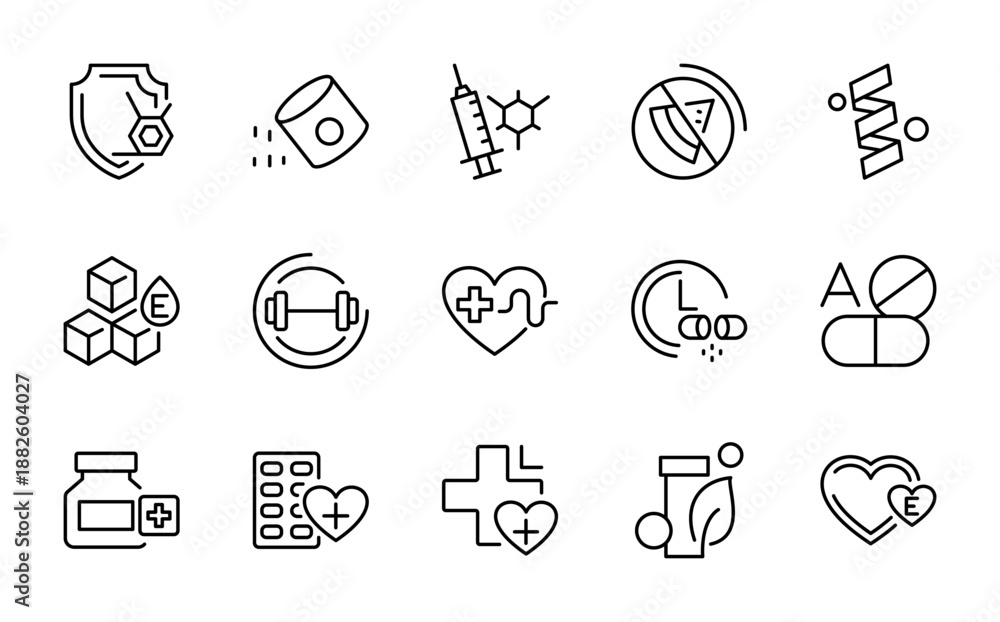 Fototapeta premium Supplements line icon set. droplet, supplement, ribbon, awareness, centrifuge, bone, marrow, plasma, transfusion, lab sample icons