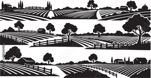 Black and White Farm Landscape Silhouette with Trees and Fences
