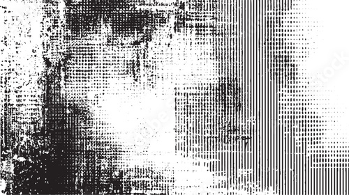 Gritty black and white abstract texture featuring a dense halftone dot pattern overlaid with rough brush strokes and distressed