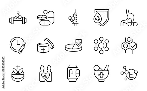 Supplements line icon set. droplet, supplement, ribbon, awareness, centrifuge, bone, marrow, plasma, transfusion, lab sample, thin line icon pack.