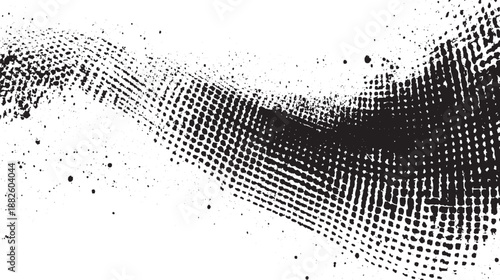 Abstract black and white textured background with a flowing wave of halftone dots and scattered ink splatters creating a dynamic visual effect