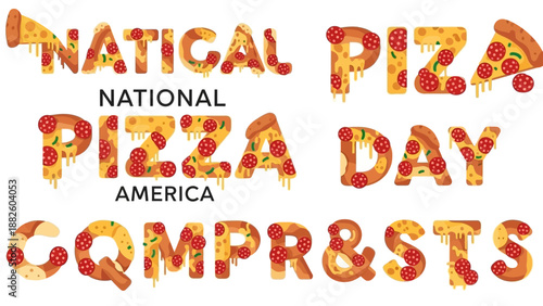 Vector illustration of National Pizza Day in America with a colorful, composite text design featuring pizza and melting cheese elements.