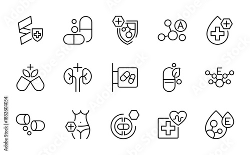 Supplements line icon collection. Supplement, ribbon, awareness, centrifuge, bone, natural probiotic, protein line icons