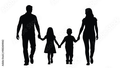 Happy Family Silhouette Featuring Father Mother Son and Daughter Walking Together and Holding Hands Isolated on a White Background