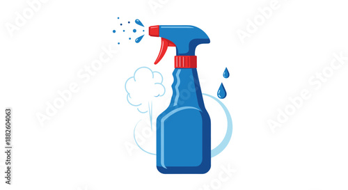 Blue plastic spray bottle with a red nozzle, shown spraying a fine mist of cleaning liquid, with drops and vapor effects.