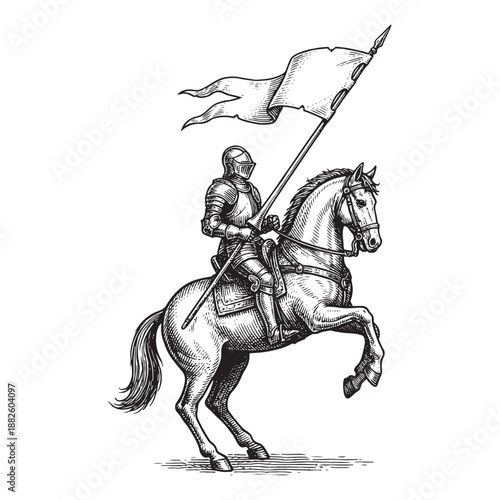 Medieval Knight in Full Armor on Horseback Carrying a Flag Spear Banner