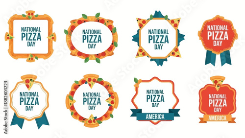 A collection of colorful National Pizza Day illustrations featuring badges, labels, and ribbons with Italian food themes on a white background.