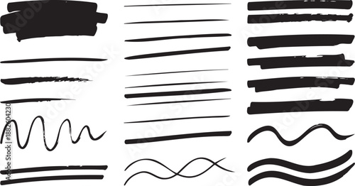 Black hand drawn ink brush stroke divider set with wavy lines and scribble underline elements, vector Isolated on transparent background, png