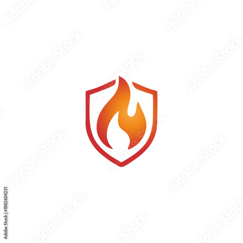 Fire protection shield logo, flame safety symbol, fire resistance icon, orange shield with flame illustration, security and hazard prevention concept, safety design vector