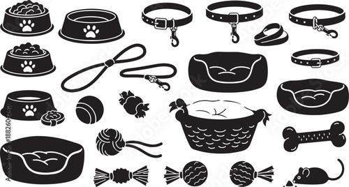 Black and white pet accessories and toys illustration set